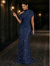 tanie Suknie wieczorowe typu sheath-Ołówkowa Kolumnowa Sięgająca podłoża Suknia wieczorowa Elegancja Błyszczące Bez rękawów Wysoki Studniówka Ślub Rozciągliwa satyna Z cekinami z Koraliki Haft koralikowy
