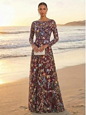 voordelige Vloerlengte-A-lijn Jurken Tot de grond Feestjurk Cocktail jurk Moeder van de bruid jurk Lange mouw Strakke ronde hals Elegant Vintage Luxueus Formeel Bruiloft gast Kentucky Derby Chiffon Tule met Borduurwerk