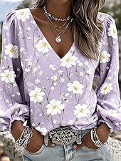 economico Bluse Floreali-Per donna Camicia Stampato Floreale Grafico Bohemien Vacanza Vintage Manica Lunga Manica a Lanterna Scollo a V Top Regolari Casuale Quotidiano Ferie Blu Rosa Viola Verde Estate Primavera