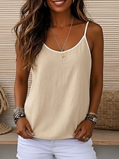  Per donna Gilet in cotone e lino Ricamato Tinta unica Semplice Vintage Senza Maniche Scollo Tondo Top corti Marrone caffè Colore naturale di canapa Blu marino Albicocca Estate Primavera