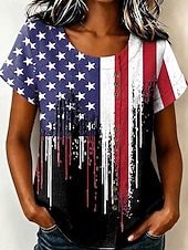 cheap Independence Day Top-American Independence Day Women's Blouse Buttons Print Floral Graphic Vintage Tropical Stylish Short Sleeve Crew Neck Long Tops Casual Holiday Blue + Red Black Red Summer Spring