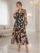 voordelige Enkel Lengte-A-lijn Tot de enkel Kanten jurk Moeder van de bruid jurk Lange mouw V-hals Elegant Vintage Luxueus Formeel Bruiloft gast Bruiloft Kant Tule met 3D-bloemen Borduurwerk Bloem