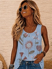cheap Graphic Tank-Women's Cold Shoulder Tops Going Out Tops Summer Tops Tank Graphic Plants Bohemia Vintage Tropical Sleeveless Round Neck Regular Tops Casual Khaki White Sky Blue Summer Spring Fall