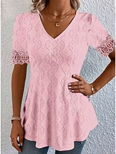  Mulheres Blusa Textura Elegant Elegante Boêmia Vintage Manga Curta Decote V Tops curtos Casual Diário Para Noite Damasco rosa Preto Branco Rosa Roxo Verão Primavera