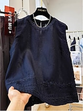 baratos Tanque Simples-Mulheres Camisa Social Blusa Franzido Bordado Vintage Sem Manga Gola Redonda Tops regulares Azul Branco Amarelo Azul Marinha Verão Primavera