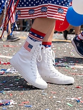  Women's White Patriotic High Top Canvas Sneakers – USA Flag Canvas Lace-Up Boots for Independence Day, Parade & Casual Streetwear