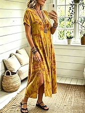  Women's Midi Dress A Line Dress Casual Loose Fit Floral Abstract Short Sleeve V Neck Blue Yellow Pink Dusty Blue Summer Spring