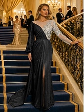 economico Abiti da ballo-Sirena Tromba Strascico da Corte Abito da Sera Abito da ballo con sopragonna Abito formale Elegante Manica Lunga Scollo Illusione Formale Con Paillettes con Pieghe Paillettes