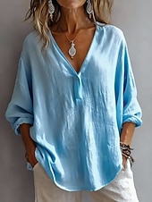 economico Camicie-Per donna Camicie di cotone e lino Arricciato Tinta unica Quotidiano Essenziale Casual Manica Lunga Scollo a V Top Regolari Quotidiano Bianco Rosa Azzurro cielo Estate Primavera Autunno