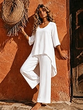 cheap Sets-Women's Cotton Linen Sets Pants Sets Bolero Long Sleeve Crew Neck Solid Color Fashion Streetwear Casual Daily Outdoor Blue Black White Summer Regular Fit