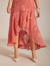  Damen Maxikleid Chiffonkleid Elegant Blumen Ärmellos U-Ausschnitt Koralle Rot