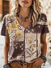 economico T-shirt floreale-Per donna Maglietta Stampato Floreale Grafico Elegante Classico Casual Manica Corta Scollo a V Top Regolari Casuale Quotidiano Rosa Marrone Estate Primavera