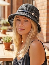 baratos Chapéus Femininos-Chapéu bucket feminino em poliéster trançado com cinto de couro, chapéu de sol leve para o verão, ideal para férias, praia, uso casual ao ar livre e dia a dia.