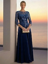 preiswerte Bodenlänge-A-Linie Kleid Bodenlang Knöchellänge Cocktailkleid Brautmutterkleid Langarm Illusionsausschnitt Elegant luxuriös Glanz &amp; Glamour Formell Hochzeitsgast Semi-Formal Tüll Samt mit Perlenstickerei