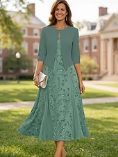 voordelige Jurkensets voor mama-Tweedelig A-lijn Over de knie Bruiloft gast jurk Moeder van de bruid jurk Korte mouw V-hals Elegant Eenvoudig Luxueus Formeel Bruiloft gast Chiffon Crêpe met Kant Kralen