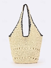 economico Borse da viaggio per vacanze-Borsa a tracolla da donna in stile bohémien intrecciata, colore beige kaki, capiente, con cerniera, ideale per vacanze al mare, viaggi e abbigliamento casual quotidiano.