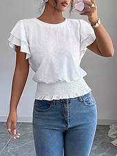 economico Bluse Semplici-Per donna Camicia traforata Top traforato Camicia con volant Traforato Tinta unica Vintage Elegante Senza Maniche Top Regolari Casuale Bianco Rosa Azzurro Estate Primavera