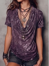 女性用 Tシャツ コットンシャツ ティートップ フリル アシッドウォッシュ ヴィンテージウォッシュ ヴィンテージ ファッション スタイリッシュ 半袖 カウルネック ロングトップス カジュアル 日常 お出かけ パープル 夏 春