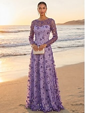 cheap Floor Length-A-Line Dress Floor Length Party Dress Cocktail Dress Mother of the Bride Dress Long Sleeve Crew Neck Elegant Vintage Luxurious Formal Wedding Guest Engagement Party Lace Tulle with 3D Flowers Pleats