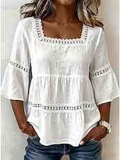  Festival de Música Mulheres Blusa Renda Patchwork Guarnição do laço Côr Sólida Diário à moda Básico Manga 3/4 Decote Quadrado Tops longos Casual Diário Preto Branco Azul Céu Verde Verão Primavera