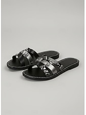 cheap Slide Sandals-Women's Snake Print Strappy Sandals with Metallic Accents - Casual Flat Summer Sandals for Beach and Everyday Wear