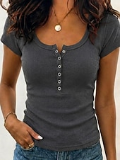 economico T-shirt semplice-Per donna Maglietta A coste Tinta unica Elegante Manica Corta Collo a U Henley Top Regolari Casuale Uscire Nero Bianco Rosa Grigio scuro Albicocca Estate Primavera