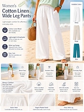  Women's Linen Pants Trousers Summer Pants Baggy Pants Vacation Basic Casual Full Length High Waist Plain Pocket Wide Leg Elastic Waistband Soft Comfortable Breathable Stretchy Beach Holiday Blue