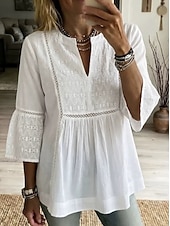  Femmes Chemisier Chemises brodées Élégant Bohème Manche 3/4 Col en V Hauts courts Plage Soirée Jaune clair Blanche Bleu Ciel Été Printemps