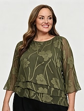 cheap Plain Blouses-Women's Chiffon Tops Lace Layered Elegant 3/4 Length Sleeve Bell Sleeve Crew Neck Regular Tops Daily Wedding Guest Olive Spring, Fall, Winter, Summer