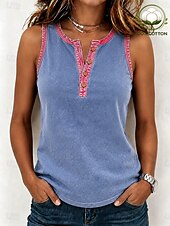 abordables Réservoir Simple-Femmes Coton lavé 100% Coton Débardeur caraco Patchwork Boutons ancien Sans manches Hauts Réguliers Bleu Été Printemps