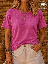 abordables Camiseta lisa-Camiseta softfade™ para mujer, 100% algodón, estilo vintage, con efecto desgastado, manga corta, cuello redondo, estilo casual, ideal para el día a día en la playa. Colores: rosa, rojo, azul, verde hierba, negro, naranja, verano y primavera.