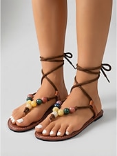 abordables Vrouwen-Women's Boho Lace-Up Sandals - Stylish Brown Flat Gladiator Sandals with Colorful Beads &amp; T-Strap for Outdoor Vacations, Tropical Beach Travel &amp; Summer Festivals