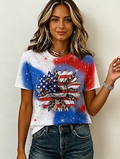  American Independence Day Women's T Shirt Print Graphic American Flag Vintage Stylish Casual Short Sleeve Crew Neck Regular Tops Casual Daily Weekend Blue White Red Royal Blue Summer Spring
