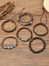 preiswerte Herrenschmuck-6-teiliges Boho-Armbandset für Herren aus Leder – Vintage-Holzperlen &amp;Armbänder mit Federanhänger aus Silberlegierung, stapelbar, für sommerlichen Strandurlaub und lässige Alltagskleidung