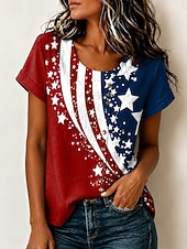 cheap Independence Day Top-American Independence Day Women's Blouse Buttons Print Floral Graphic Vintage Tropical Stylish Short Sleeve Crew Neck Long Tops Casual Holiday Blue + Red Black Red Summer Spring