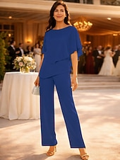 economico Tailleur pantalone della mamma-Due Pezzi Lunghezza al pavimento Abito da cerimonia per signora Manica Corta Collo gioiello Elegante Petite Ospite di nozze Chiffon con Arricciato