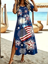  Jour de l'Indépendance Américaine Femmes Robe Midi Robe trapèze Occasionnel Plage Coupe régulière Graphique Drapeau Manche Courte Col ras du cou Bleu Rouge Été Printemps