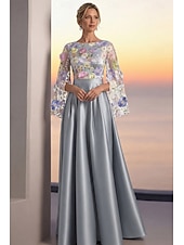 preiswerte A-Linie Abendkleider-A-Linie Bodenlang Perlenbestickt Abendkleid Kleid der Brautmutter Abendkleid Ballkleid Festliche Kleidung Elegant Farbblock Langarm Rundhalsausschnitt Hochzeit Formell Tasche Satin Spitze Tiefer