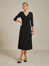  Women's Maxi Dress A Line Dress Elegant Daily Wedding Guest Tea Party Solid Color 3/4 Length Sleeve V Neck Black
