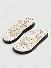 cheap Women-Women's Black Polka Dot Platform Flip Flops - Chic Polka Dot Pattern Wedge Thong Sandals for Beach Vacations, Summer Pool Parties &amp; Tropical Resort Travel