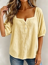 baratos Camiseta lisa-Mulheres Blusa Côr Sólida Diário à moda Básico Manga 3/4 Decote Quadrado Tops regulares Diário Azul Amarelo Rosa Verão Primavera