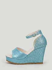 cheap Wedge Sandals-Women's Sky Blue Glitter Wedge Sandals - Sparkly Open Toe Platform Heels with Ankle Strap for Island Vacation, Beach Resort Wear &amp; Summer Party