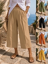 abordables pierna ancha y cintura alta-Mujer Pantalones Capri Perneras anchas Vacaciones Casual Capris Alta cintura PEC Negro Amarillo Caqui Verano