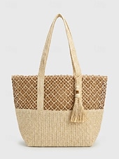 economico Borse da viaggio per vacanze-Borsa tote da donna in stile bohémien intrecciata, borsa a tracolla capiente color kaki beige da spiaggia con ciondolo a nappina, ideale per vacanze al mare, viaggi e abbigliamento casual quotidiano.