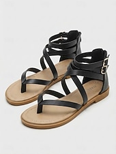 abordables Sandales Gladiateur-Sandales plates beiges à brides pour femmes - sandales gladiateur beiges minimalistes avec boucle à la cheville et fermeture éclair à l'arrière, idéales pour les vacances en plein air et les visites