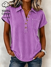  camicia da donna softfade™ 100% cotone lavato, top vintage lavati, tinta unita, elegante, basic, maniche corte, colletto, top regolari, casual, per tutti i giorni, per uscire, blu, rosa, viola, verde, estate, primavera