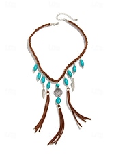 cheap Women's Necklace-Women's Bohemian Alloy Turquoise Tassel Necklace, Statement Fringe Pendant Jewelry for Music Festival, Beach Vacation, Daily Casual Wear
