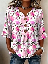  Mujer Blusa Botones Estampado Floral Graphic Vintage Elegante Moderno Media Manga Escote en Pico Tops regulares Casual Diario Azul Piscina Amarillo Morado Verano Primavera
