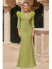 economico Abiti da Sera Sirena-Sirena Tromba Lunghezza al pavimento Abiti da Ballo Abito da Sera Da principessa Abito formale Elegante Manica 3/4 Scollo a V Formale Autunno Raso con Piuma Arricciato Volant