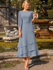 cheap Mom's Dress Sets-Sheath Column Tea Length Wedding Guest Dress Mother of the Bride Dress 3/4 Length Sleeve Jewel Neck Elegant Wedding Guest Chiffon Wrap Included with Ruching